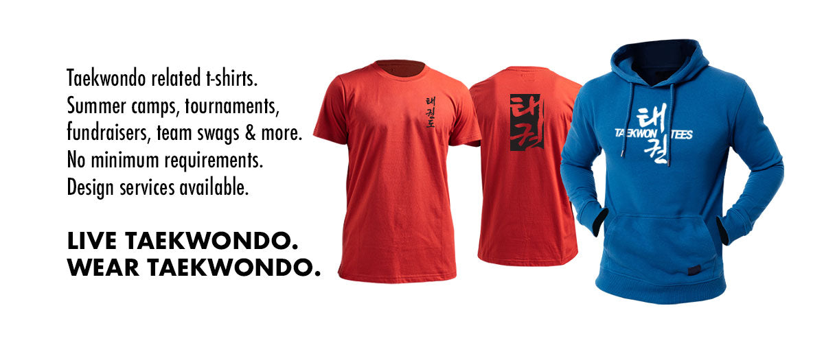 Red t-shirt and blue hoodie with taekwondo designs on a white background